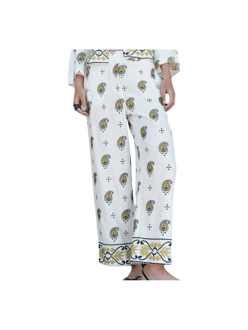 ZARA. White Yellow Embroidered Linen Blend Wide Leg Pants Side Pockets XL